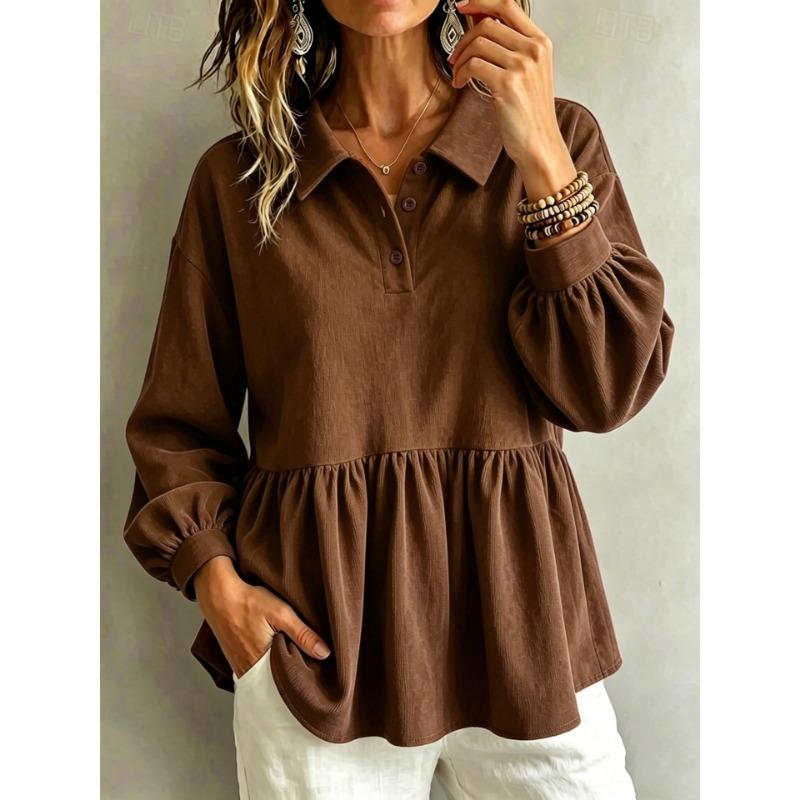 Women S Corduroy Polo Neck Long Sleeve Slim Fit Waist Shirt