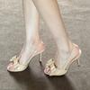 Модные телесные туфли-лодочки на тонком каблуке с круглым носком и открытым носком, с бантом, женские, новый стиль 2025, не утомительные и сексуальные туфли на высоком каблуке с открытой пяткой