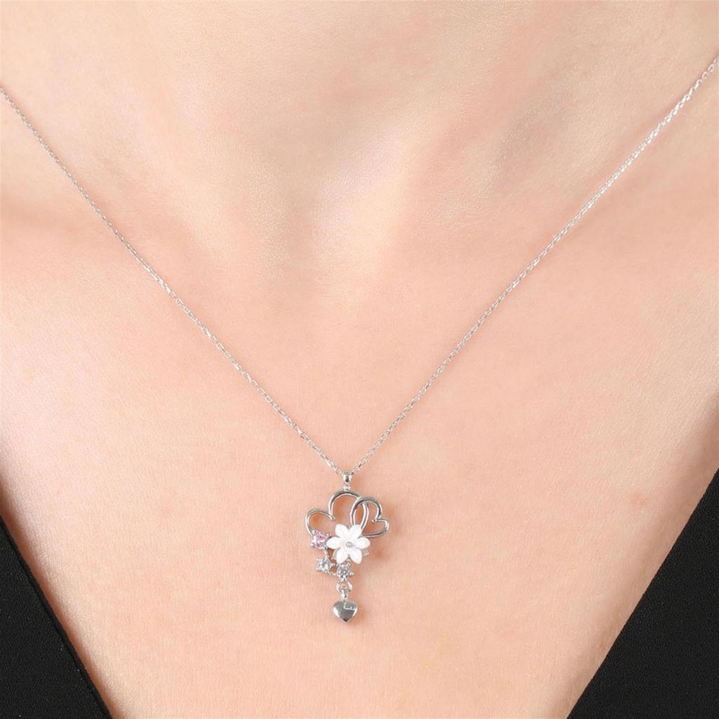 Magnolia Flower Heart Knot Flowers Silver Necklace