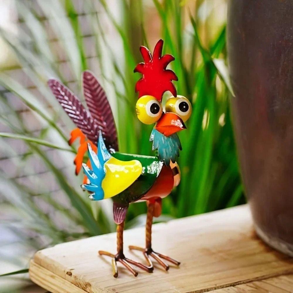 Iron Garden Rooster Statues Outdoor Decoration Chicken Sculpture Metal Rooster Ornaments Yard