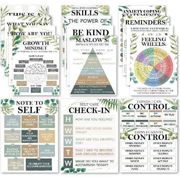 EggSun 15pcs Mental Health Posters for Classroom Office Decor, Calming Corner Therapy Awareness Office Decor Wall Art for School Homeschool