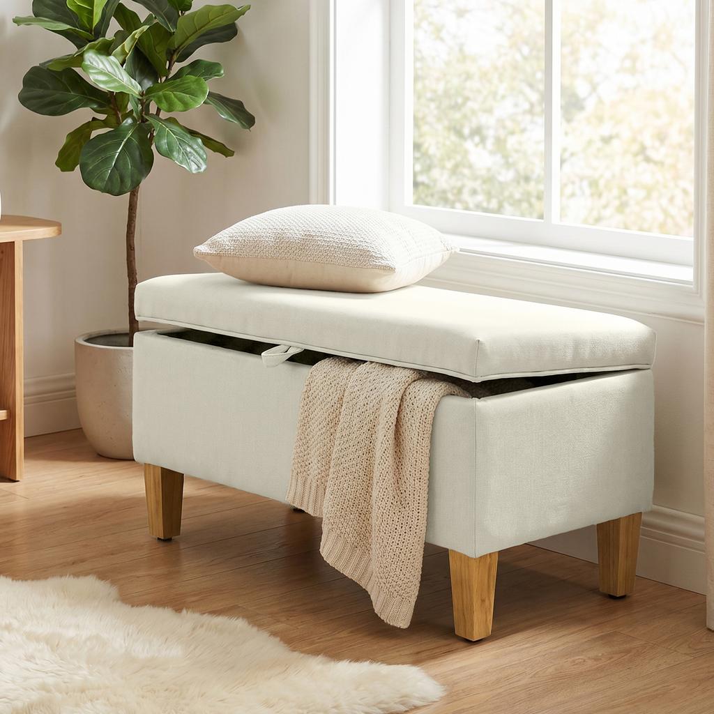 Storage Bench End Of Bed Upholstered Linen Footrest With Rubber Wood Legs 71x37x36cm Beige