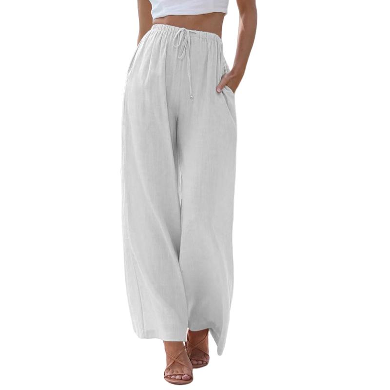 Женские элегантные хлопковые льняные однотонные свободные брюки с широкими штанинами на шнуровке Брюки с эластичной резинкой на талии