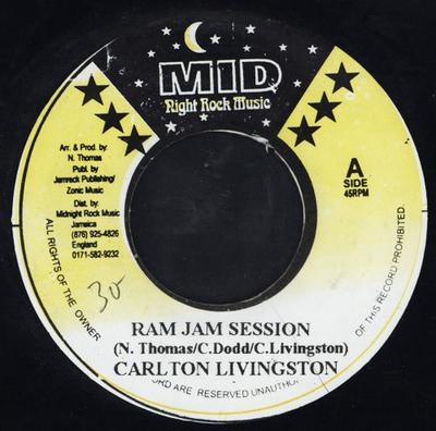 7-дюймовая пластинка CARLTON LIVINGSTON - Ram Jam Session NONE Midnight Rock Ямайка Регги, Ска и Даб Б/у