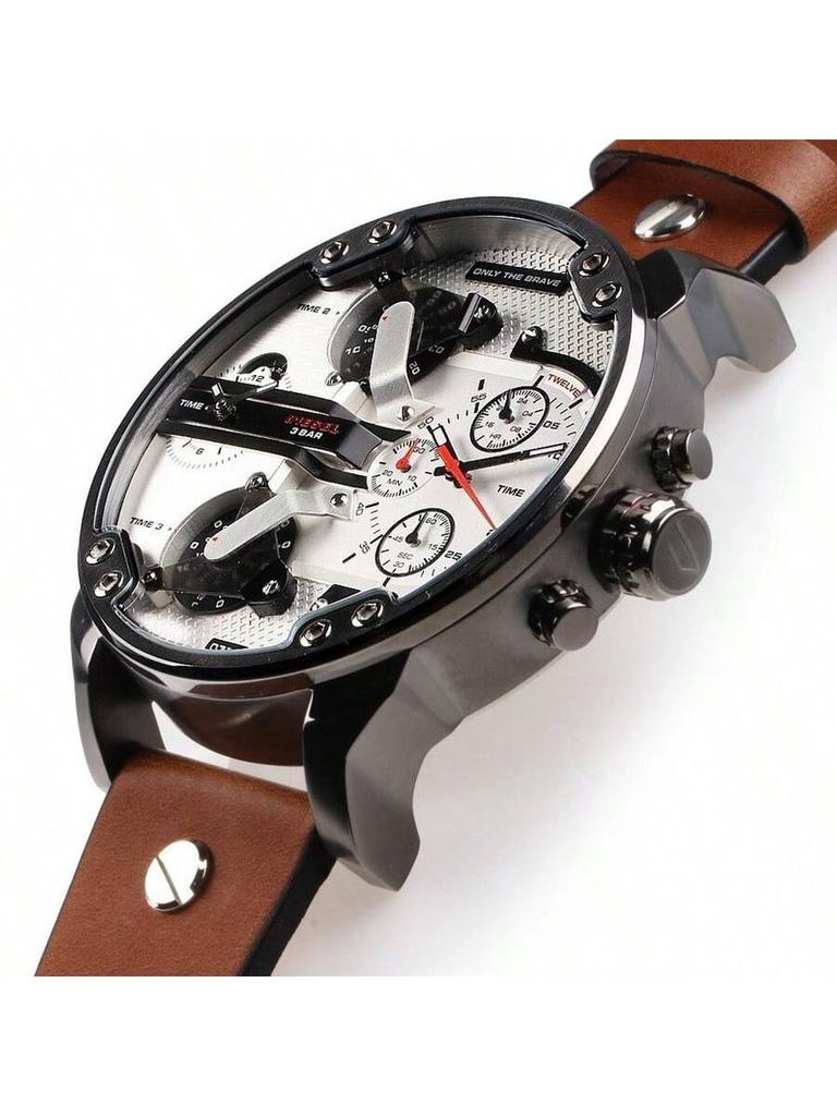 Diesel Мужской хронограф большого размера 57 мм с четырьмя часовыми поясами – Часы с кожаным ремешком, Идеальные для деловых поездок, свиданий и уличного стиля – DZ7394