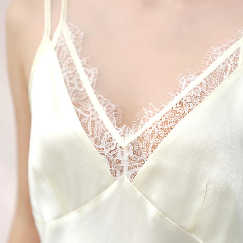 100% Mulberry Silk Summer Sexy Shoulder Strap Lace Women's Suspender Nightgown