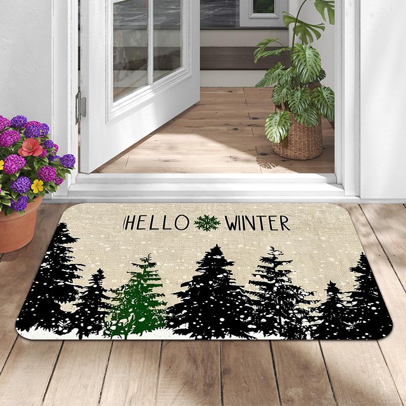 1pc Winter Pine Forest Snowflake Winter Slogan Pattern Non-Slip Floor Mat, Multi-Size Available, Fleece Material, Thick Plush - Sponge Thickness 1.02c
