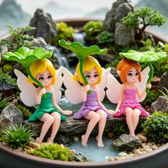 Миниатюрные Фигурки Фей Маленькие Феи Украшения с Листом Лотоса для Цветочного Горшка Сада Фей Мховые Пейзажи Домашний Настольный Декор Полки Автомобиля