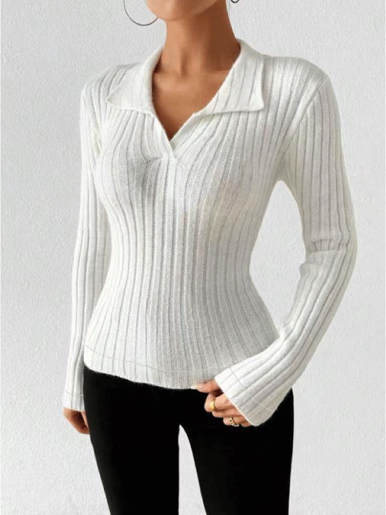 Женская однотонная приталенная футболка с V-образным вырезом и длинными рукавами в рубчик, осень-зима 2025.