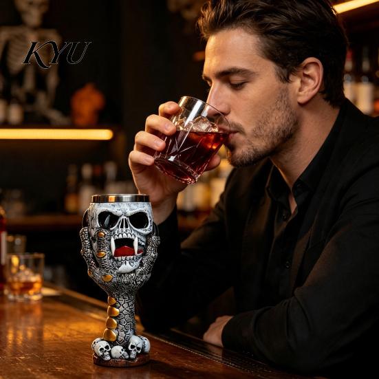 Retro Resin Drinking Chalice Horrible Stainless Steel Skull Goblet, Skeletal Wine Gothic Goblet Cocktail Glasses, Vintage Whiskey Cup for Halloween