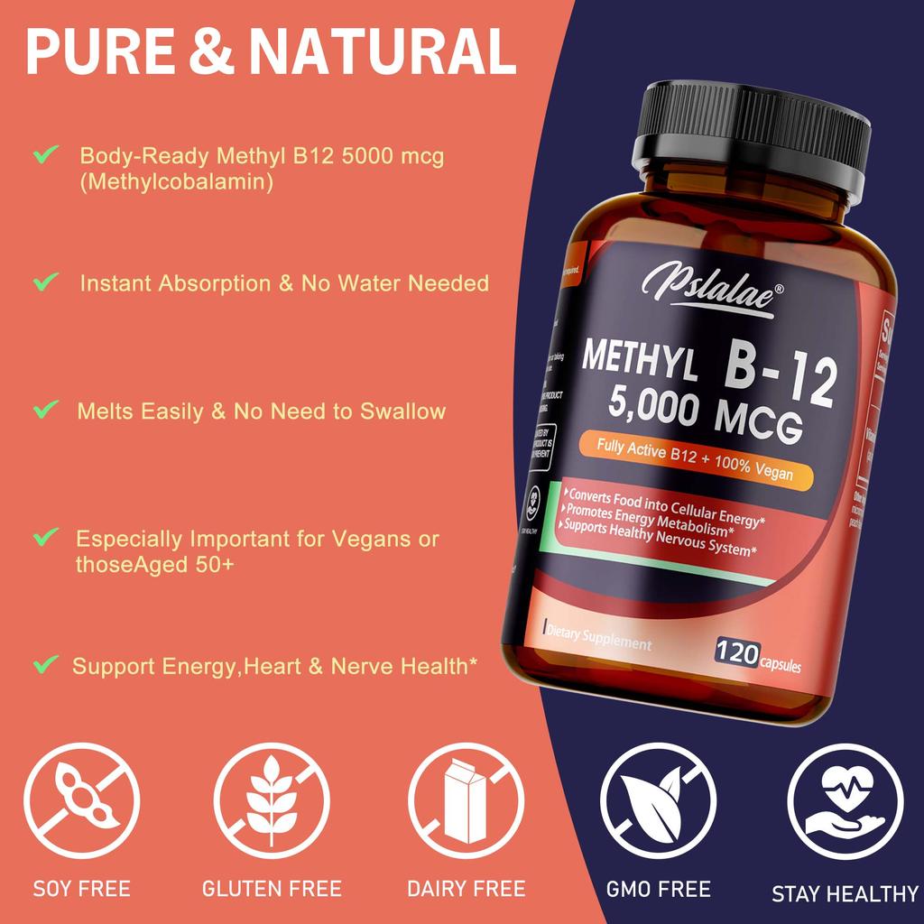 Vitamin B12 capsules, 5000 mcg per serving, promote energy metabolism and support a healthy nervous system, 120 capsules.