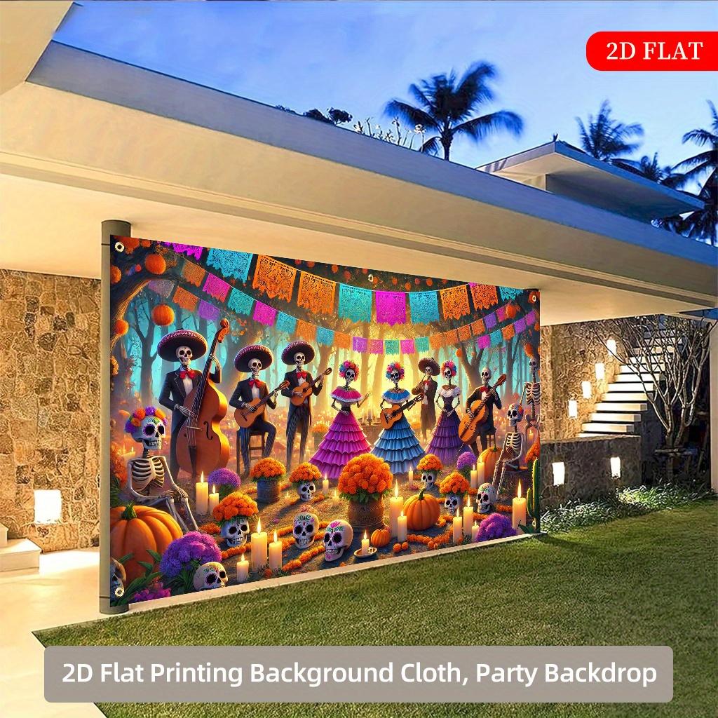Large-sized 27.95x61.81-inch Mexican Day of the Dead background fabric - 2D printed polyester fabric, with skullszyc