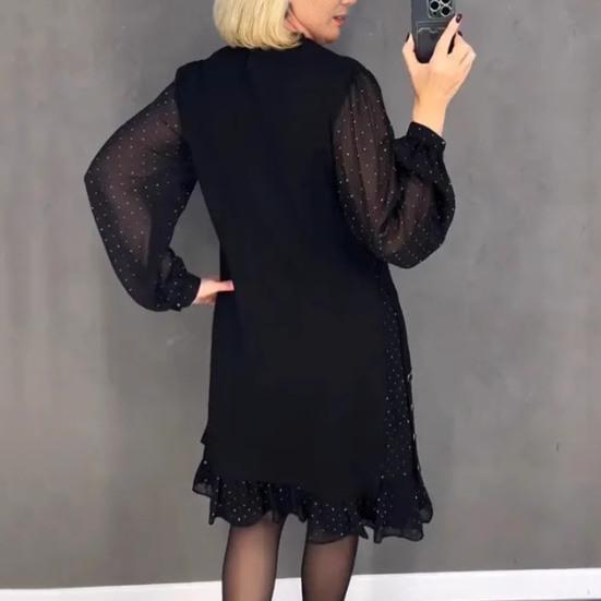 Women Midi Dress Long Mesh Balloon Sleeve with Dot Printing Ruffle Hem