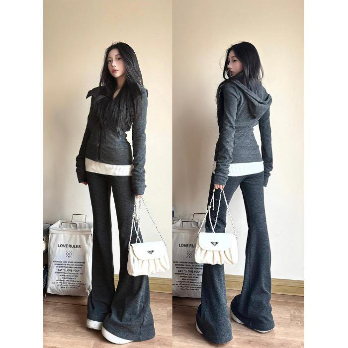 Женский осенний OOTD высокого класса: Комплект спортивной одежды для инфлюенсеров: топ и брюки прямого кроя, две вещи