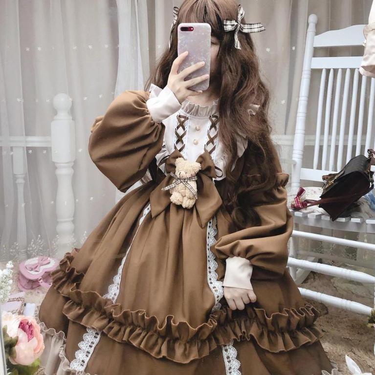 Японское готическое платье Лолиты, женское кавайное кружевное синее платье с бантом и медведем, платье принцессы с длинными рукавами, костюм на Хэллоуин, подарок для девочек