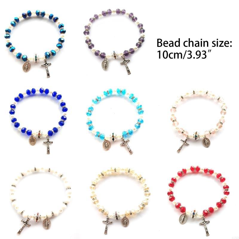 62KD Beaded Stretch Rosary Bracelet Religious for Cross Bracelet Green Crystal Bead
