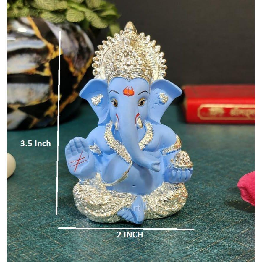 Silver Plated Idol for Ganesh Idol for Car Dashboard God Ganesha Idol for Home Decor Ganpati for Gift 3.5 Inches (Silver) (Silver Sky Blue), Idol