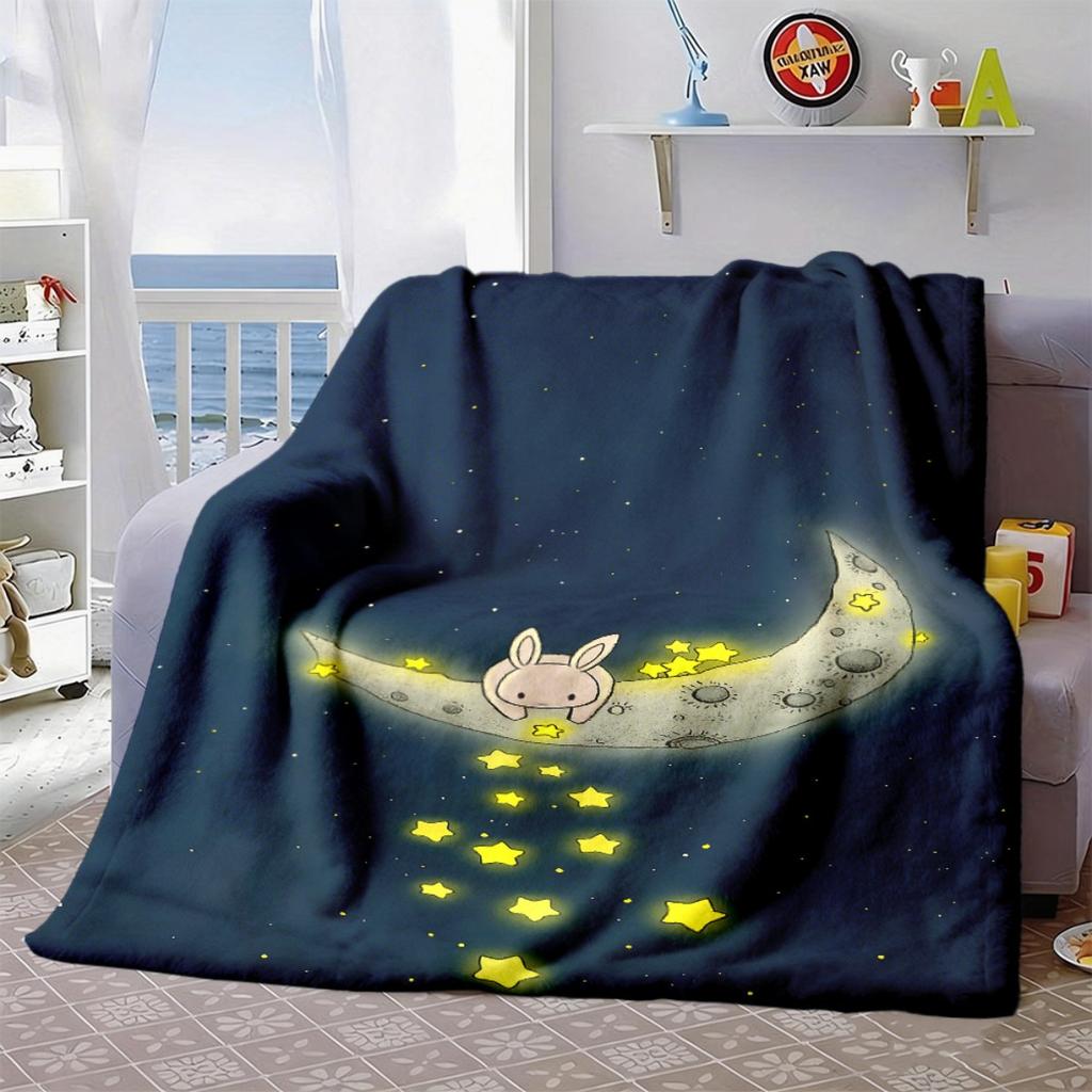 2026 New Arrivals 1pc Whimsical Rabbit Catching Stars on Crescent Moon Print Flannel Blanket - Soft Cozy All-Season Throw for Sofa, Bed, Travel & Camp