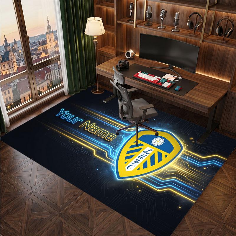 Leeds United Custom Crystal Velvet Rug, Personalized Name Text Print, Football Logo Soft Non‑Slip Floor Mat Home Decor Gift