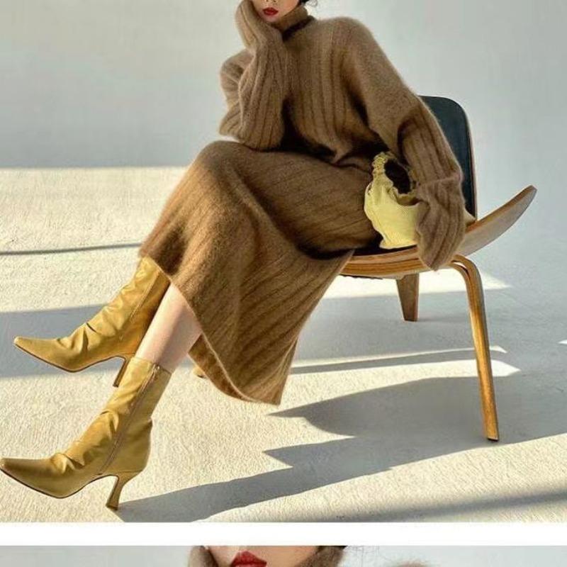 Французское вязаное платье, женское осенне-зимнее шерстяное платье средней длины с высоким воротником, женское однотонное платье-свитер с длинными рукавами, женские топы