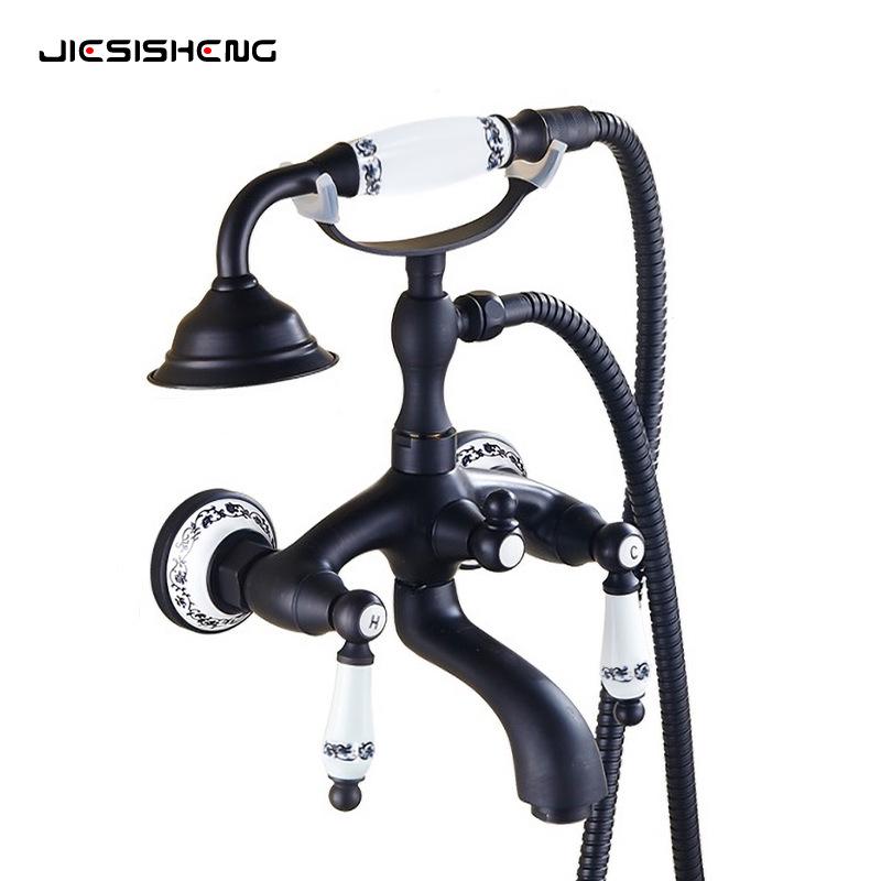Wall-Mounted Antique Brass Bathtub Faucet with Handheld Shower Set