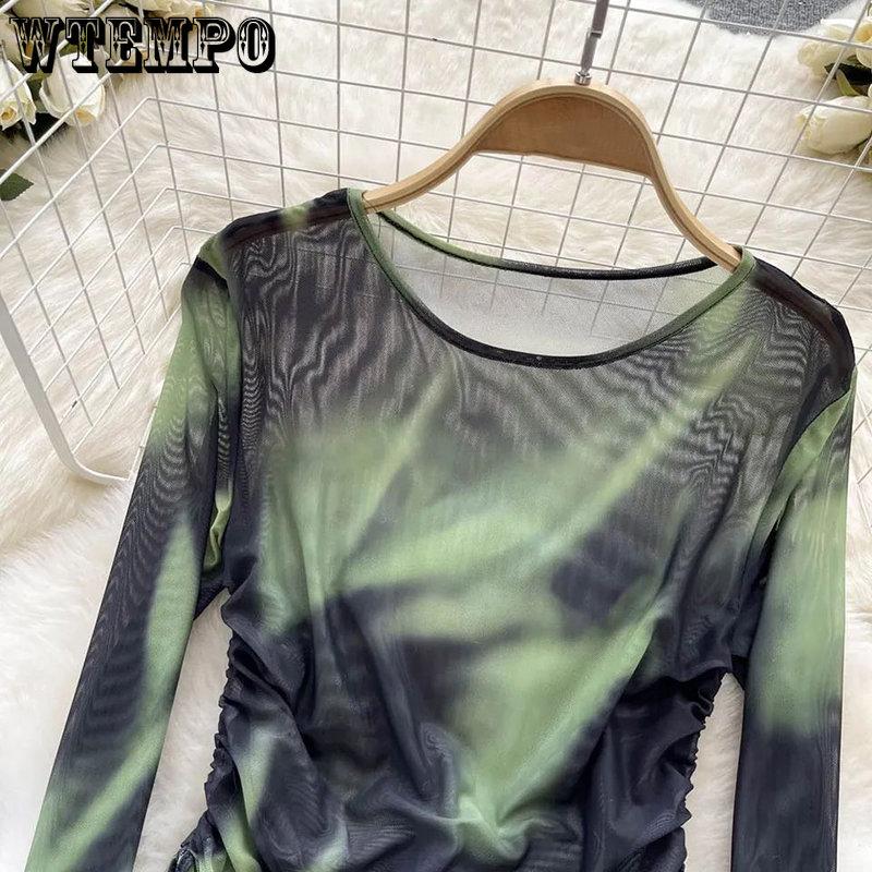 WTEMPO Шикарные сетчатые футболки с принтом Tie Dye, женские повязки на шнурке, винтажные облегающие топы Y2K, футболки с длинными рукавами, уличная одежда