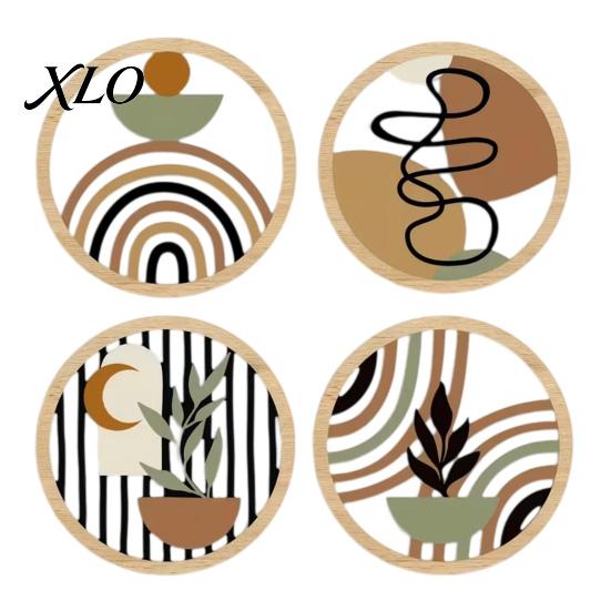 Organic Texture Wall Hangings 4Pcs Boho Wooden Art , 2D Flat Round Hanging Signs, Modern Geometric Decorative Plaques Wood Decor, Bohemian for Living