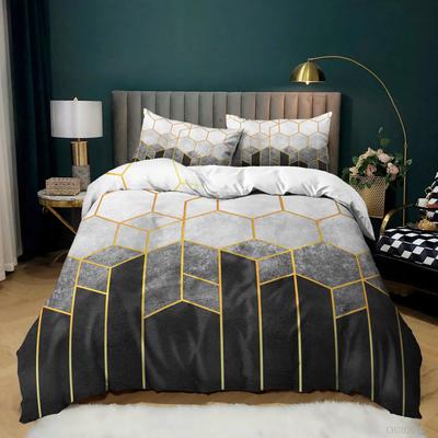 Комплект постельного белья Honeycomb Queen Size с геометрическим узором, микрофибра, золотой шестиугольник, пододеяльник, черный градиентный пододеяльник
