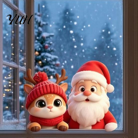 Статичная наклейка на стекло Санта-Клаус Олень Оконный стикер, Рождественский съемный стикер для праздничной вечеринки, Многоразовый декоративный стикер, Легко устанавливаемые стикеры