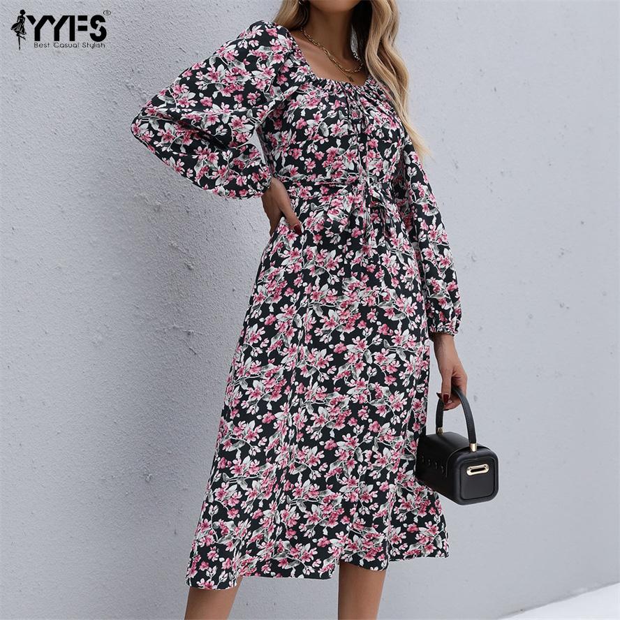 YYFS Женская мода с цветочным принтом, летние повседневные платья с длинным рукавом и квадратным воротником с высокой талией