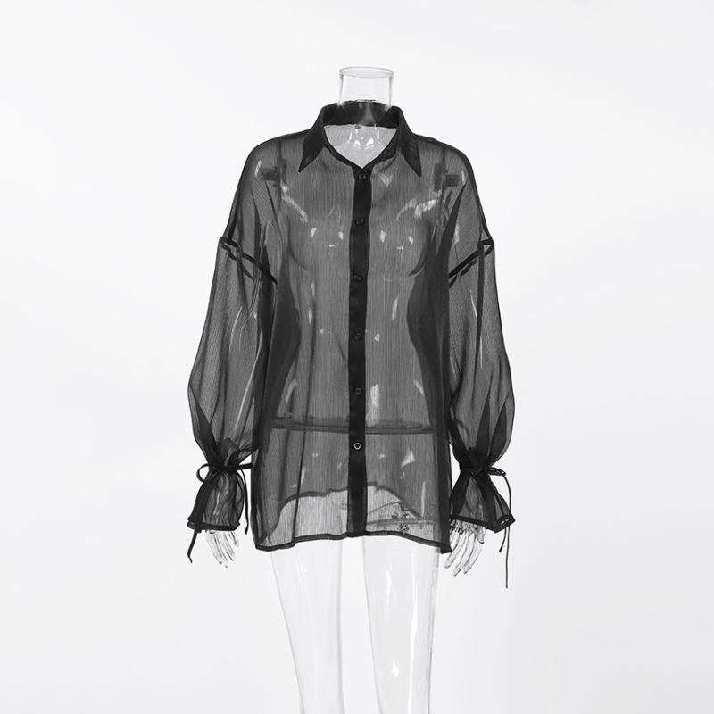Модная сексуальная прозрачная повседневная свободная рубашка женская винтажная с рукавами-фонариками на шнуровке женские блузки элегантные тонкие летние топы женская одежда 26255