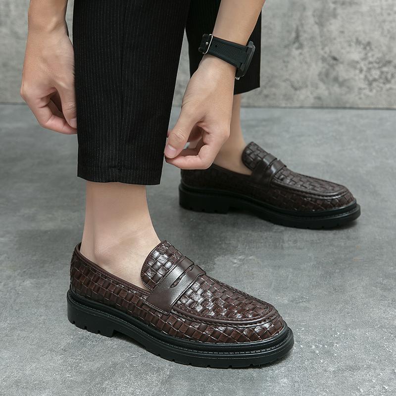 Spring Woven Leather Shoes Black Loafers Men's Luxury Brand Shoes High Quality Moccasin Leather Soft-soled Shoes Casual Shoes