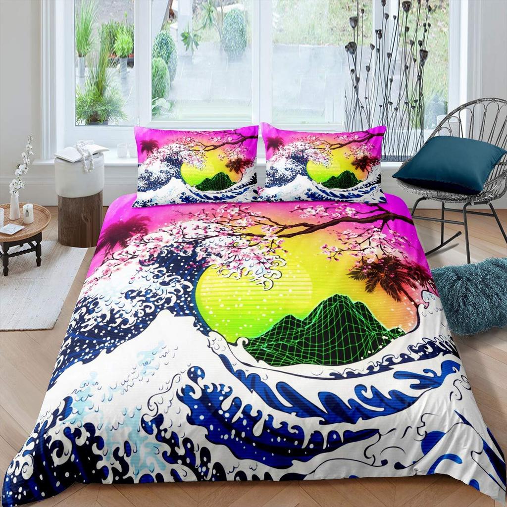 Crane Bedding Set Girl Cherry Blooming Fuji Mountain Sun Duvet Cover Kids Women Lotus Floral Comforter Cover Watercolor Decor