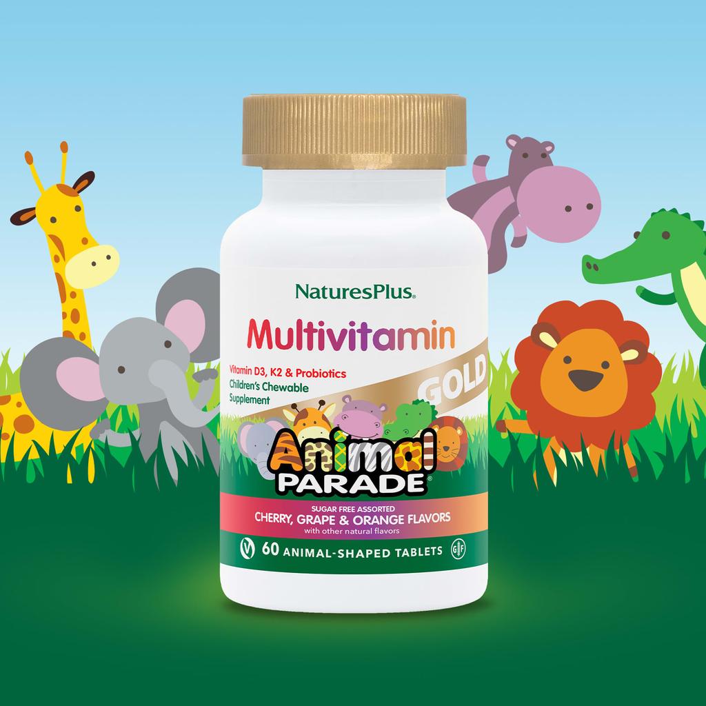 NaturesPlus, Источник Жизни, Animal Parade, Gold, детский жевательный мультивитаминный и минеральный комплекс, разные вкусы, 60 таблеток в форме животных