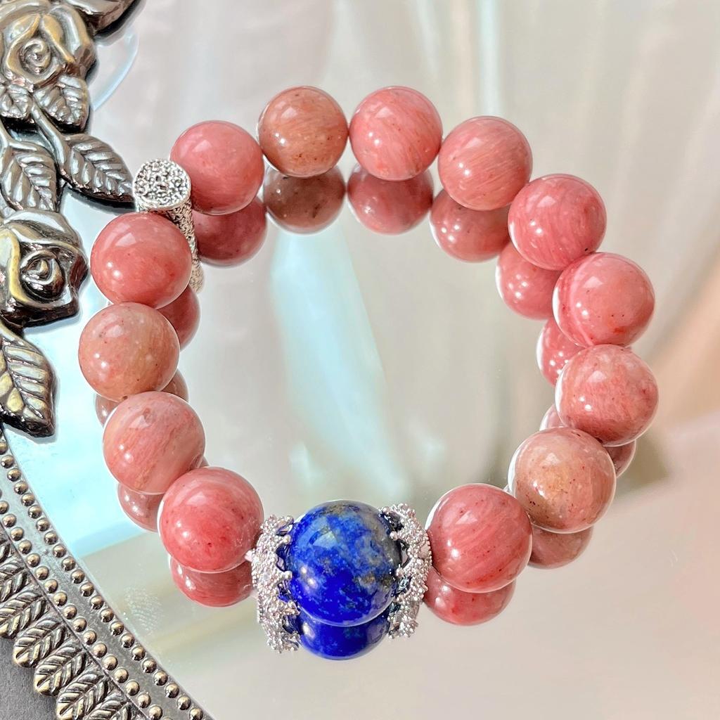12Mm Large Particle Mahogany Pattern Lapis Lazuli Design Bracelet