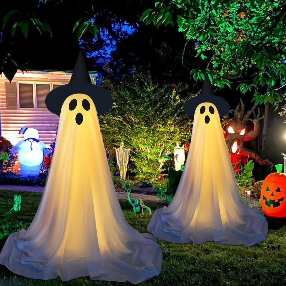 Halloween Decorations Spooky Halloween Ghost Decorations for Front Porch Yard Light-up Standing Ghost with Witch Hat for A