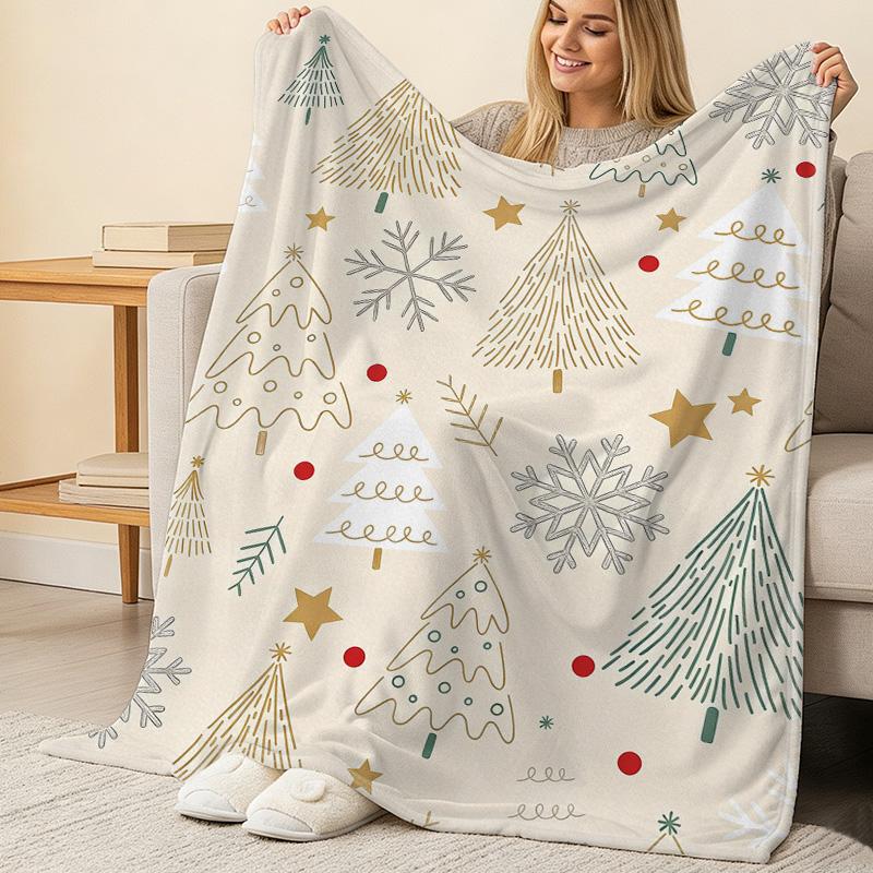 Christmas Tree Pattern Flannel Fleece Blanket - Soft Warm Hemmed Cozy Throw Blanket for Home Casual Use