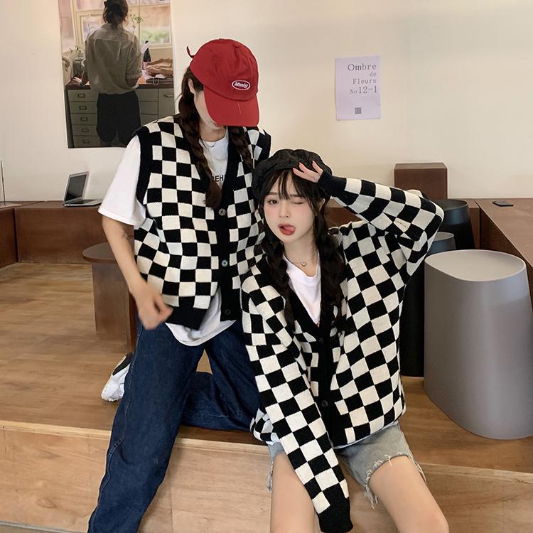 Корейский стиль, клетчатый кардиган большого размера, свитер, женский винтажный вязаный жакет в клетку, модный джемпер с длинными рукавами, женский
