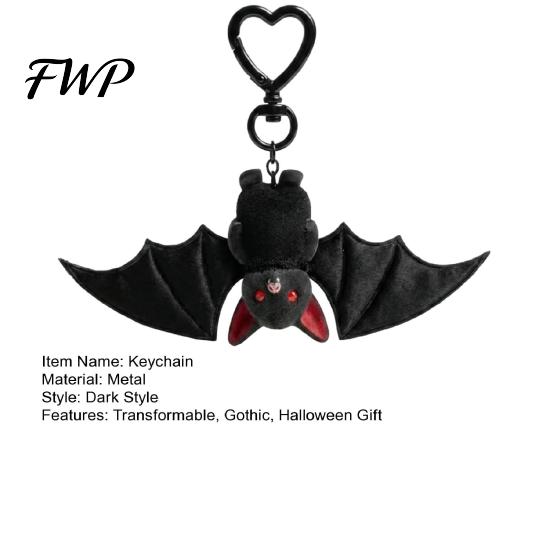 Gothic Bat Keyring Plush Black Keychain Transformable Key Ring Pendant Soft Backpack Bag Purse Charm Halloween Gift for Lovers Lightweight