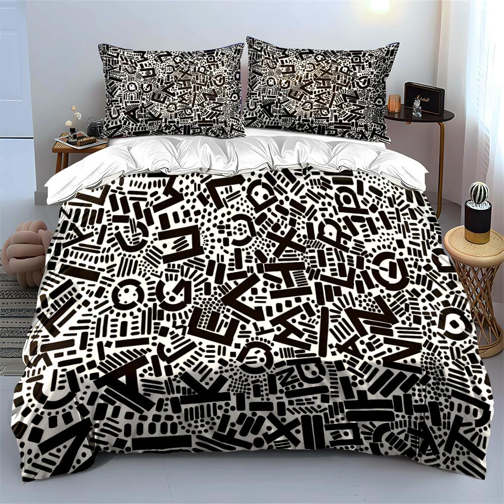 Black and White Abstract Letter Print Set Bedding set (1 duvet cover, 2 pillowcases, duvet not included)