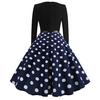 Women Vintage Long Sleeve O Neck Evening Dot Printing Party Prom Swing Dress