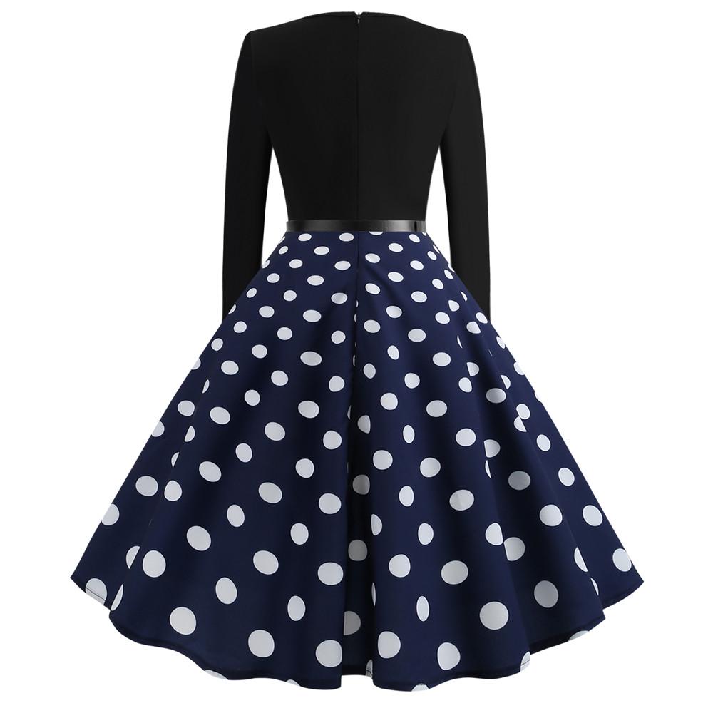 Women Vintage Long Sleeve O Neck Evening Dot Printing Party Prom Swing Dress