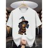 Футболка с графикой собаки в шляпе ведьмы и длинными ногами, хлопковая, повседневная, с круглым вырезом, оверсайз, на Хэллоуин, летняя модная футболка с принтом