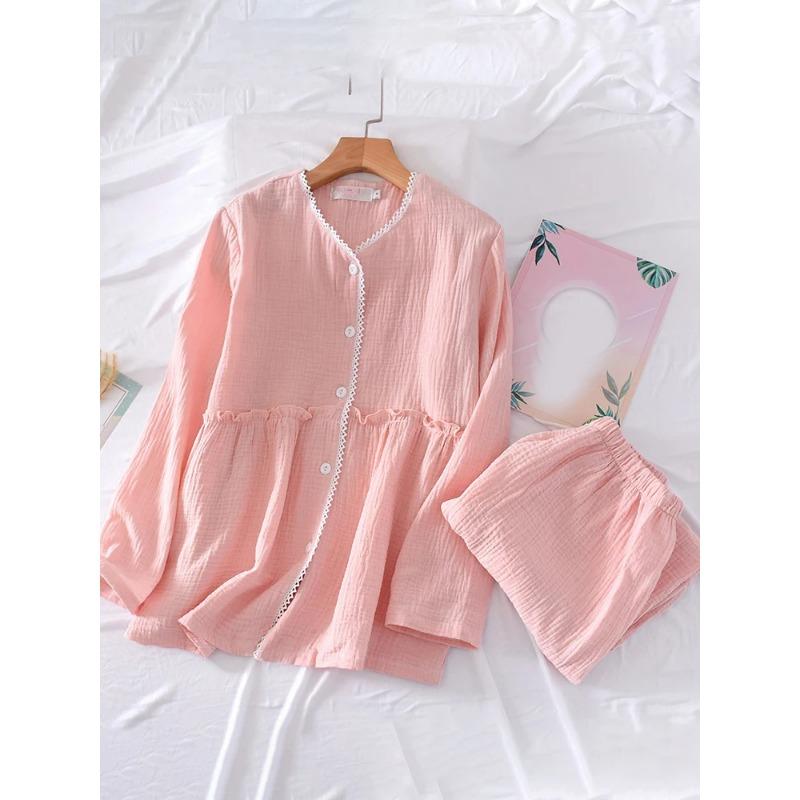 New Spring and Autumn Women's Pajamas Set Pure Cotton Crepe Long-sleeved Trousers Home Wear Set Women's Pajamas