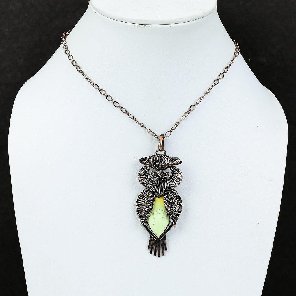 Кулон с лимонным хризопразом, медная проволока, кулон с драгоценным камнем, новейший дизайн, ювелирные изделия, кулон из медной проволоки ручной работы, кулон с совой для подарка