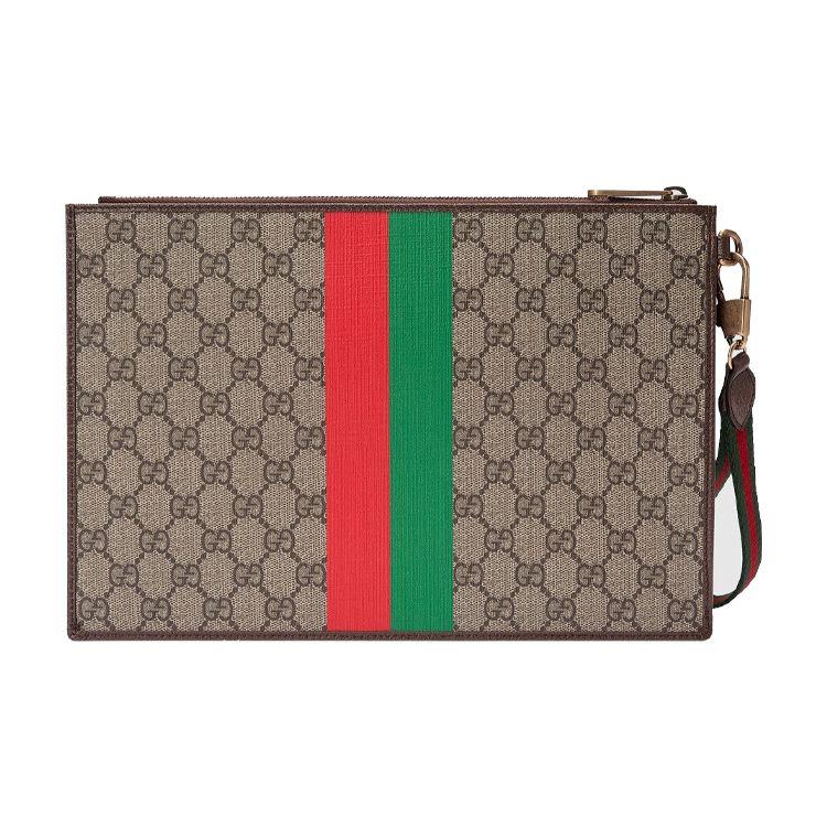 Gucci Monogram Logo Letter Print Striped Wristband Canvas And Leather Clutch Men clutch Ebony Brown 688378-US7DC-9395