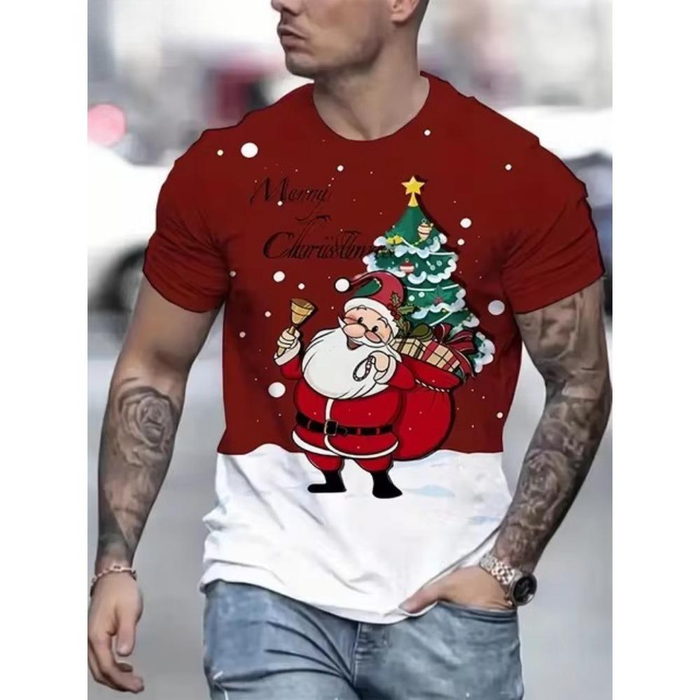 Santa Claus Pattern 3D Digital Print Men's Casual and Fashionable Round Neck Short Sleeved T-shirt