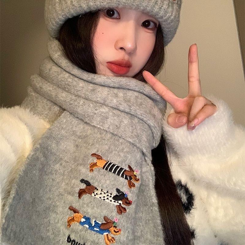 Милый щенок Новый вязаный Шарф из шерсти с вышивкой трех такс для женщин на осень и зиму Мягкий и универсальный