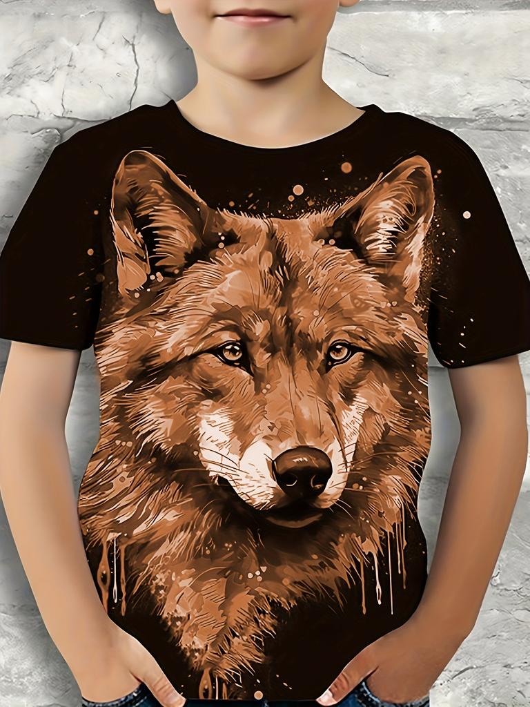 Summer Cool Wolf Graphic T-Shirt For Boys - 3D Digital Print, Casual Stretch Tee For Summer Outings