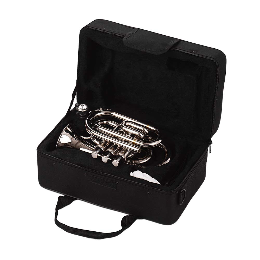 Funien Mini Pocket Trumpet, Bb Flat, Brass, with Mouthpiece, Gloves, Cleaning Cloth, and Carrying Case